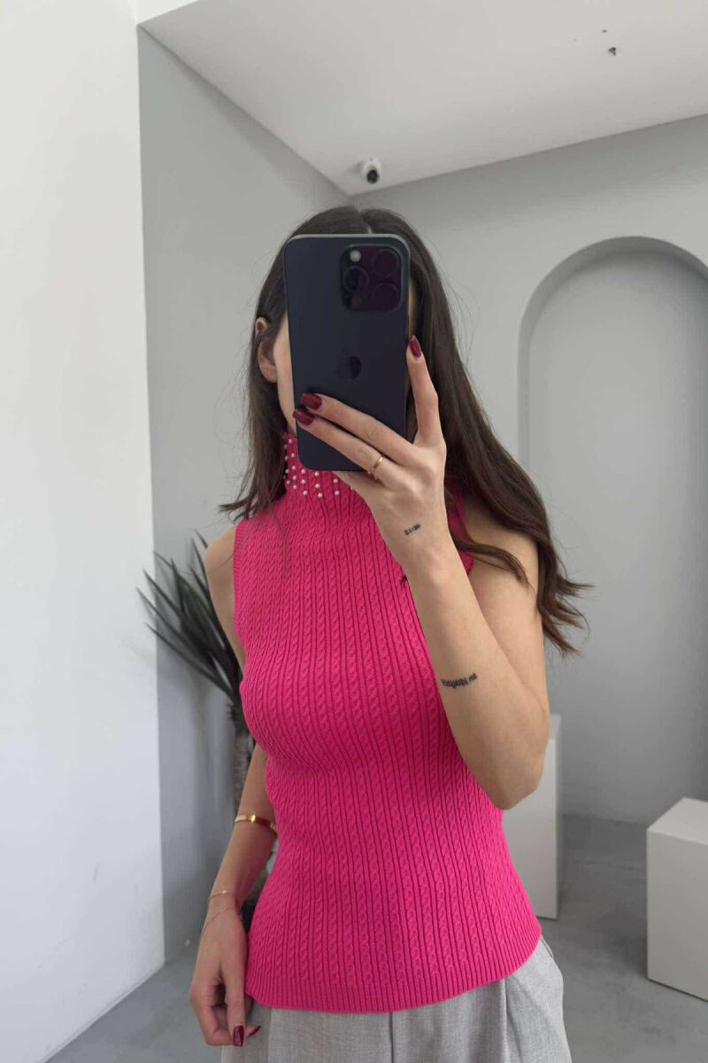 HGH NECK PEARL DETAILS KNITTED WOMEN TANK TOP FUCHSIA/CIKLAMI - 3