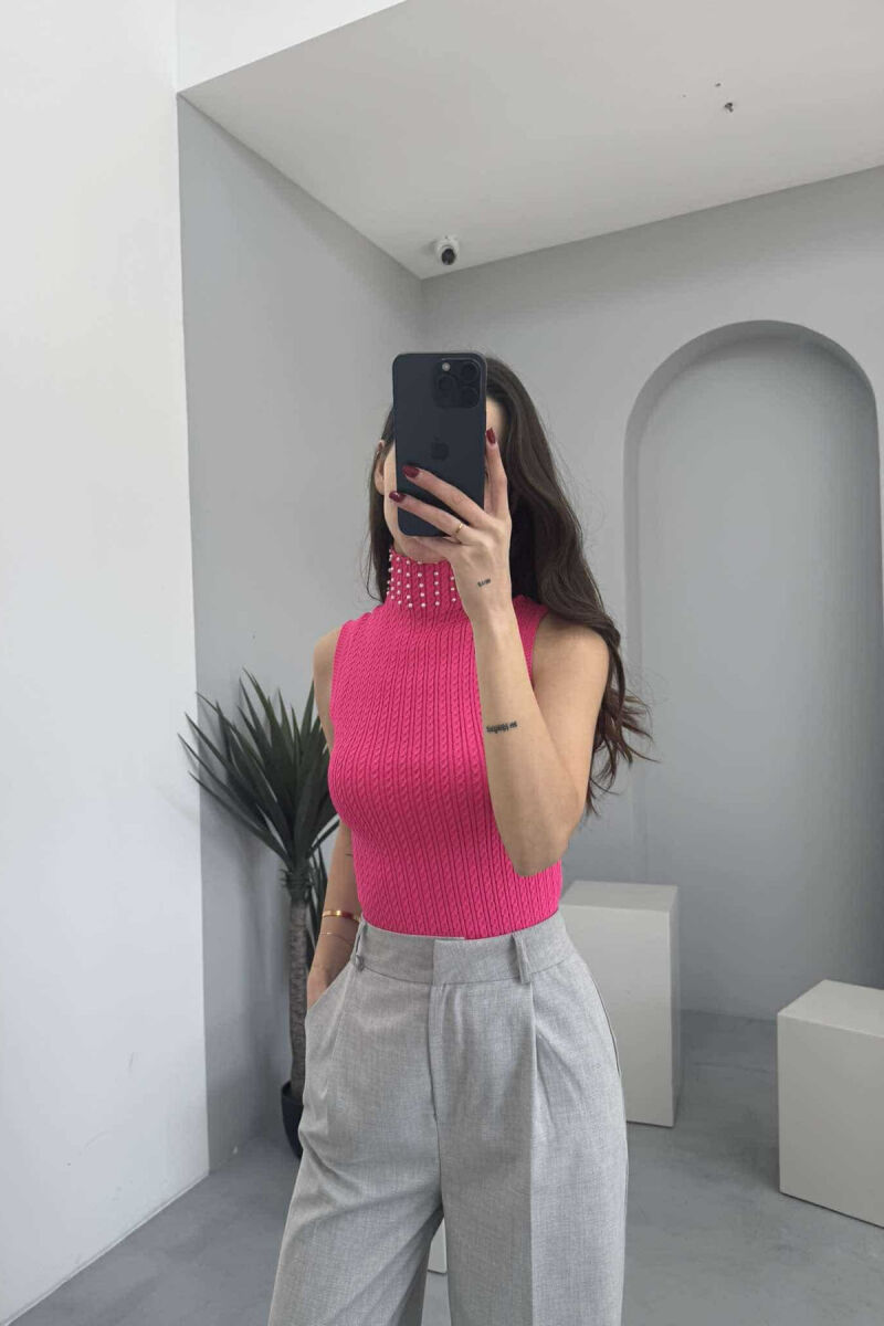HGH NECK PEARL DETAILS KNITTED WOMEN TANK TOP FUCHSIA/CIKLAMI - 5