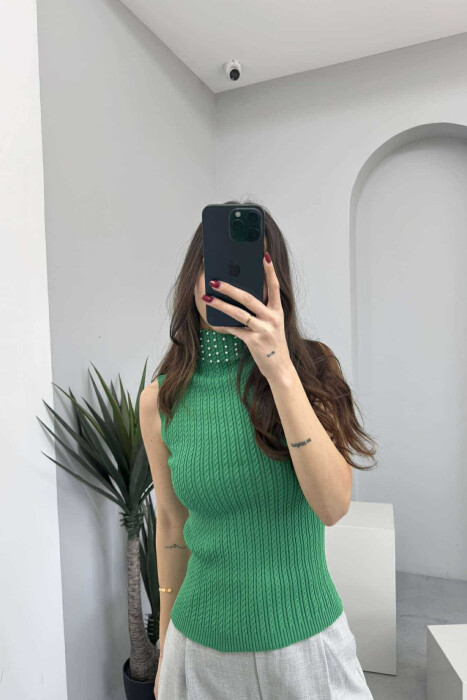 HGH NECK PEARL DETAILS KNITTED WOMEN TANK TOP GREEN/JESHILE - 1