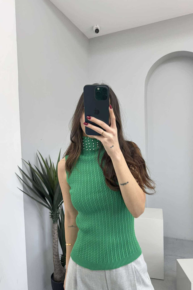 HGH NECK PEARL DETAILS KNITTED WOMEN TANK TOP GREEN/JESHILE - 1