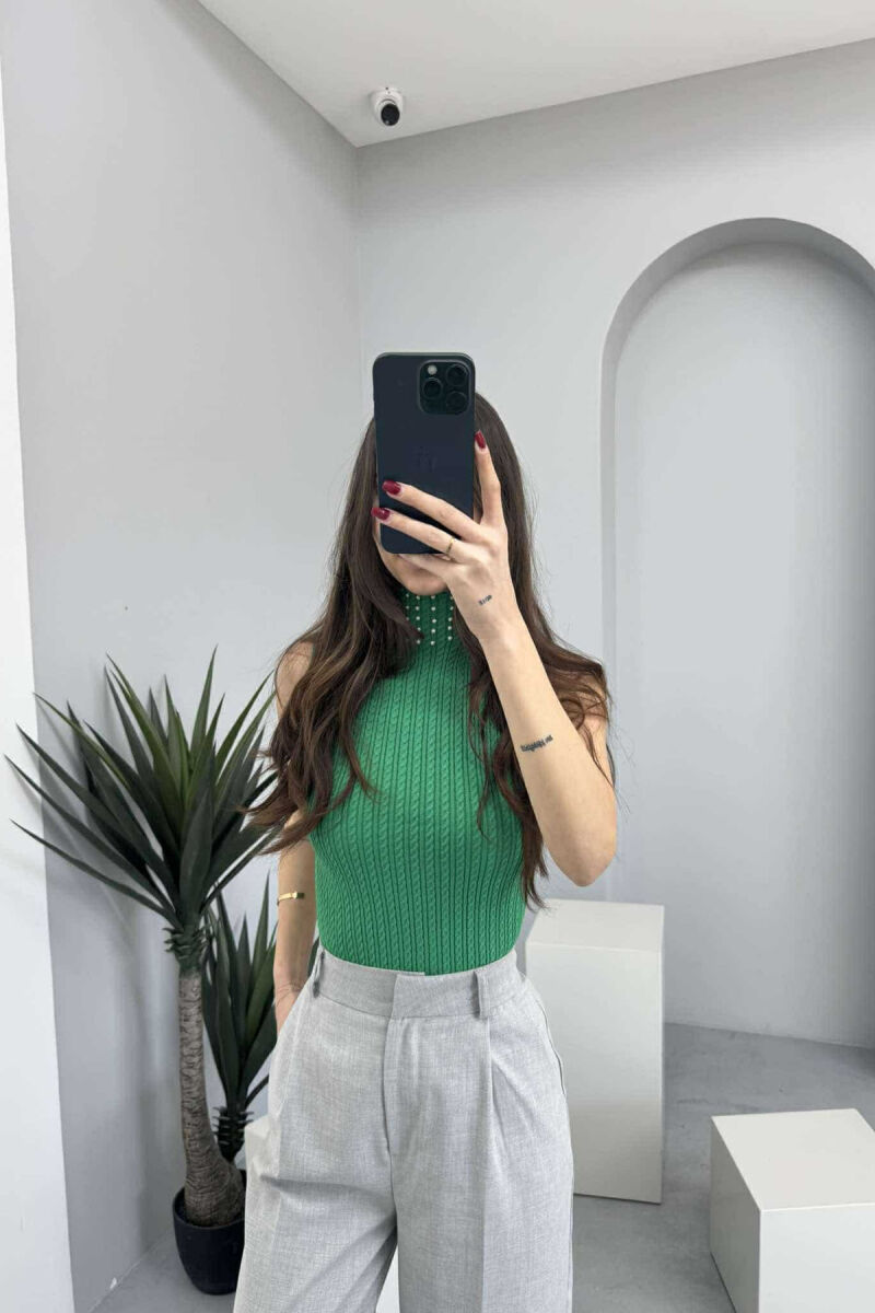 HGH NECK PEARL DETAILS KNITTED WOMEN TANK TOP GREEN/JESHILE - 2