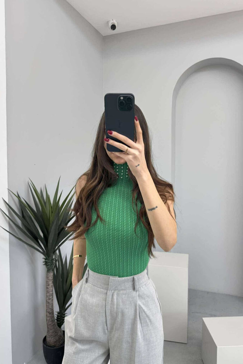 HGH NECK PEARL DETAILS KNITTED WOMEN TANK TOP GREEN/JESHILE - 4