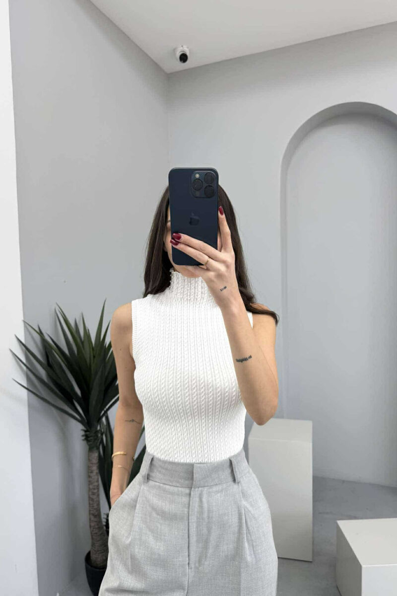 HGH NECK PEARL DETAILS KNITTED WOMEN TANK TOP WHITE-E BARDHE - 1