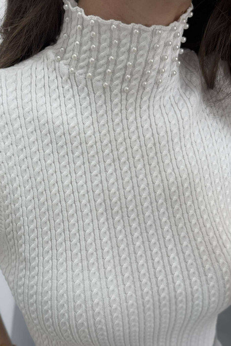 HGH NECK PEARL DETAILS KNITTED WOMEN TANK TOP WHITE-E BARDHE - 4