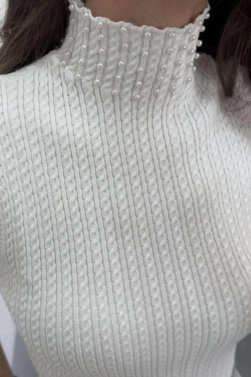 HGH NECK PEARL DETAILS KNITTED WOMEN TANK TOP WHITE-E BARDHE - 4