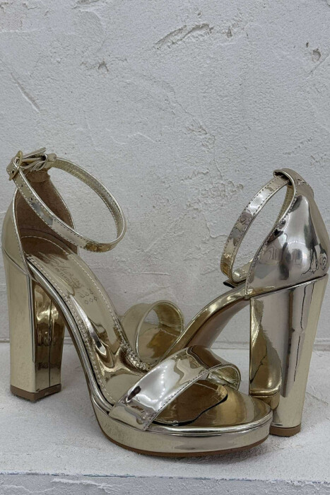 HIGH HEEL SHINNY ONE COLOR WOMEN SANDALS GOLDEN ROD/GOLD - 5