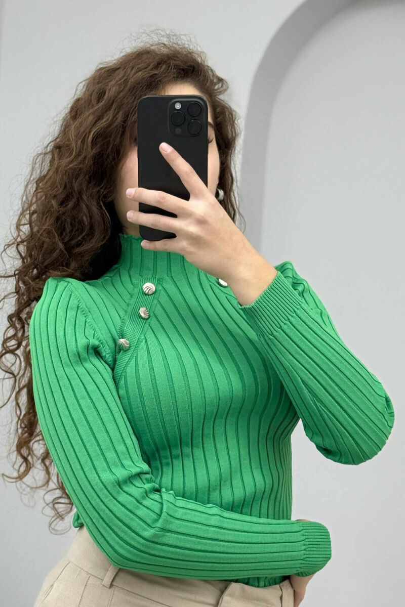 HIGH NECK BUTTONS ONE COLOR WOMEN SWEATER GREEN/JESHILE - 2