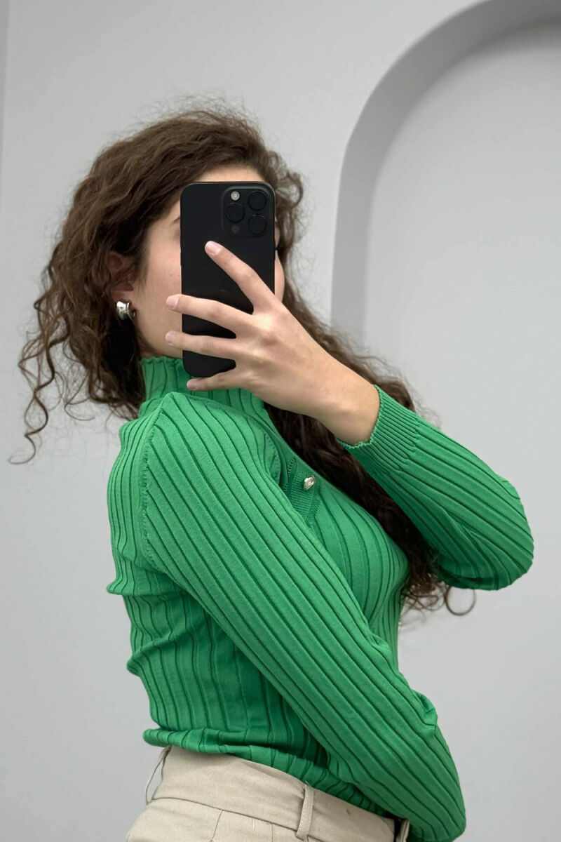 HIGH NECK BUTTONS ONE COLOR WOMEN SWEATER GREEN/JESHILE - 3