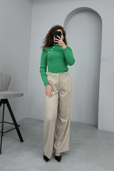 HIGH NECK BUTTONS ONE COLOR WOMEN SWEATER GREEN/JESHILE - 4