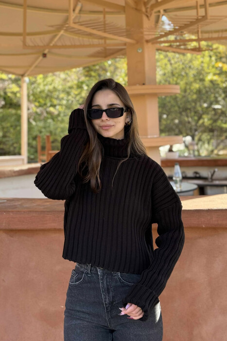 HIGH NECK CROPPED KNITTED WOMEN SWEATER BLACK/ E ZEZE - 2