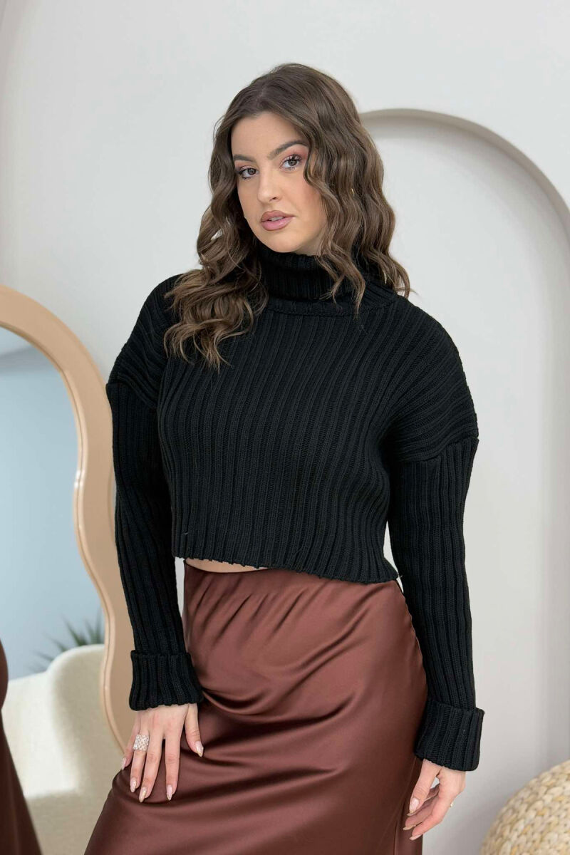 HIGH NECK CROPPED KNITTED WOMEN SWEATER BLACK/ E ZEZE - 1