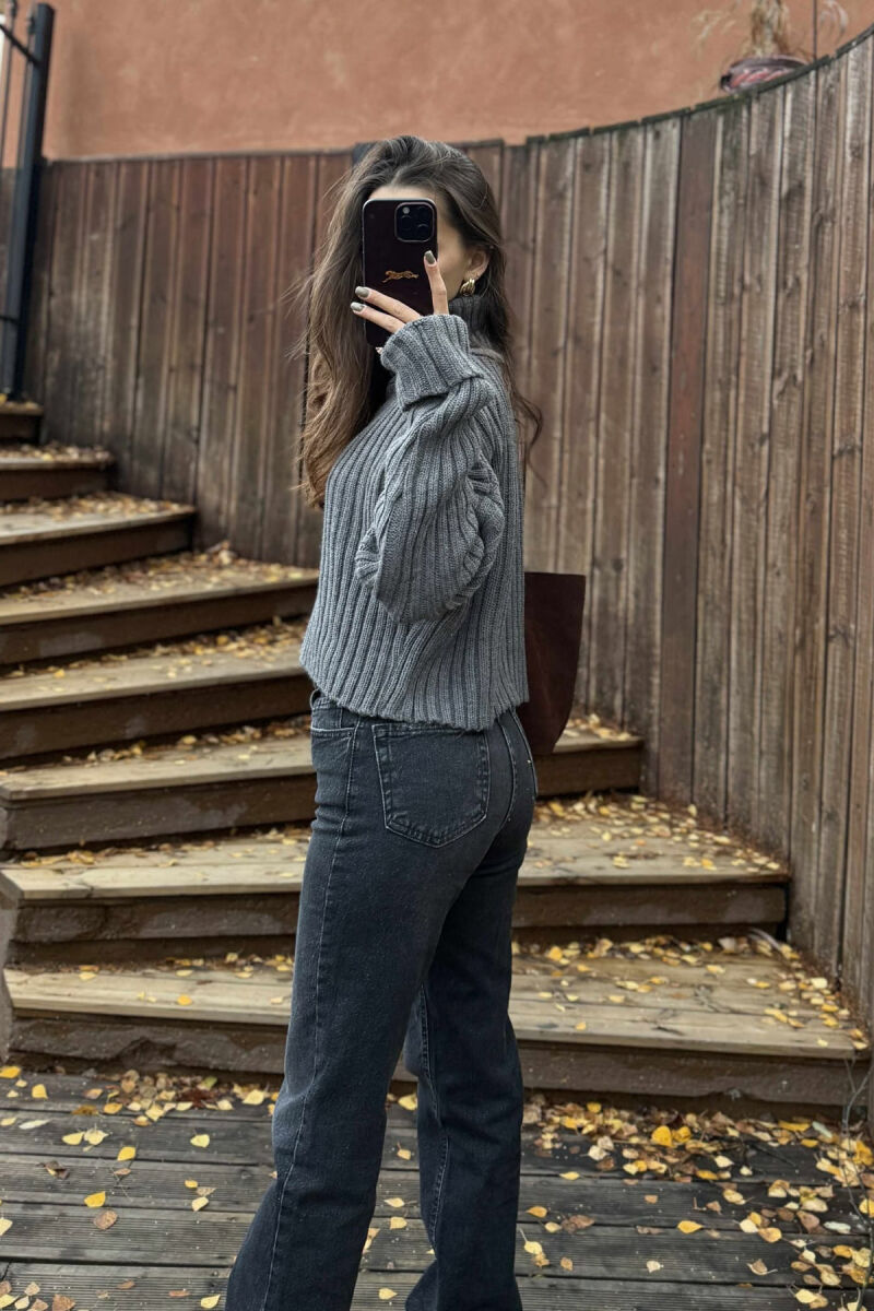 HIGH NECK CROPPED KNITTED WOMEN SWEATER GREY/GRI - 4