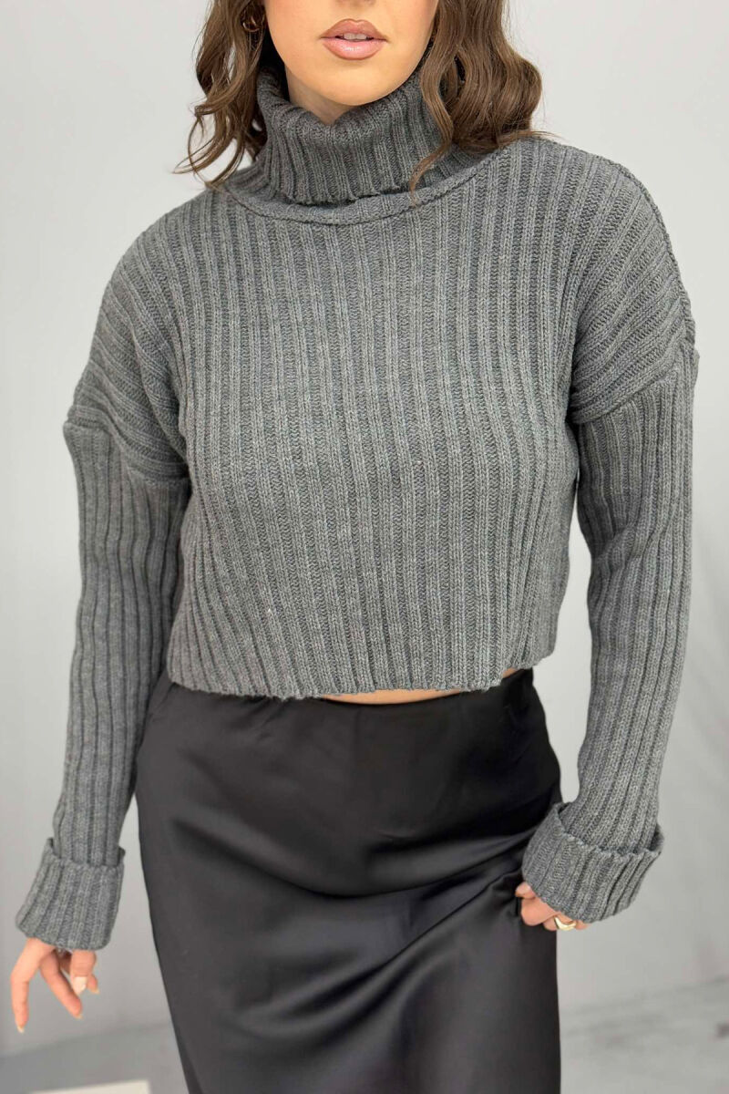 HIGH NECK CROPPED KNITTED WOMEN SWEATER GREY/GRI - 6