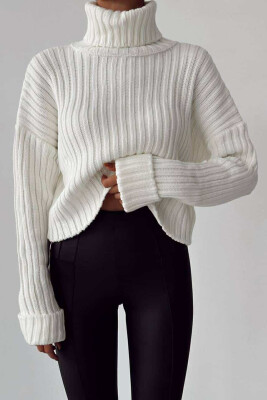 HIGH NECK CROPPED KNITTED WOMEN SWEATER WHITE-E BARDHE 