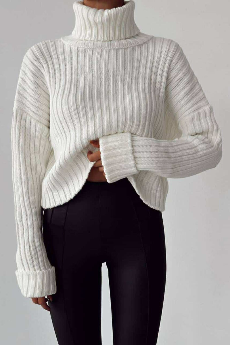 HIGH NECK CROPPED KNITTED WOMEN SWEATER WHITE-E BARDHE - 1