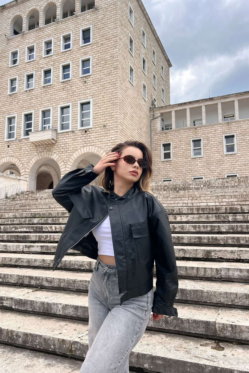 HIGH NECK CROPPED LEATHER WOMEN JACKET BLACK/ E ZEZE - 4