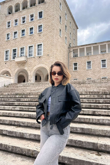 HIGH NECK CROPPED LEATHER WOMEN JACKET BLACK/ E ZEZE - 5