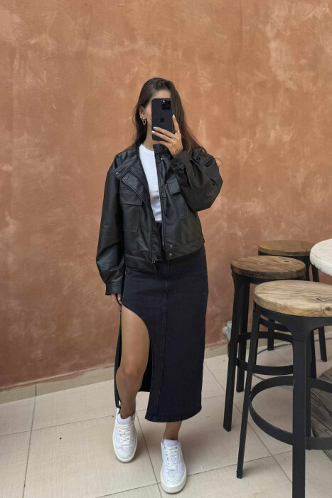 HIGH NECK CROPPED LEATHER WOMEN JACKET BLACK/ E ZEZE 