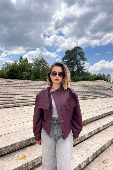 HIGH NECK CROPPED LEATHER WOMEN JACKET BURGUNDY/VISHNJE 