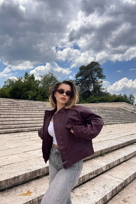 HIGH NECK CROPPED LEATHER WOMEN JACKET BURGUNDY/VISHNJE - 2