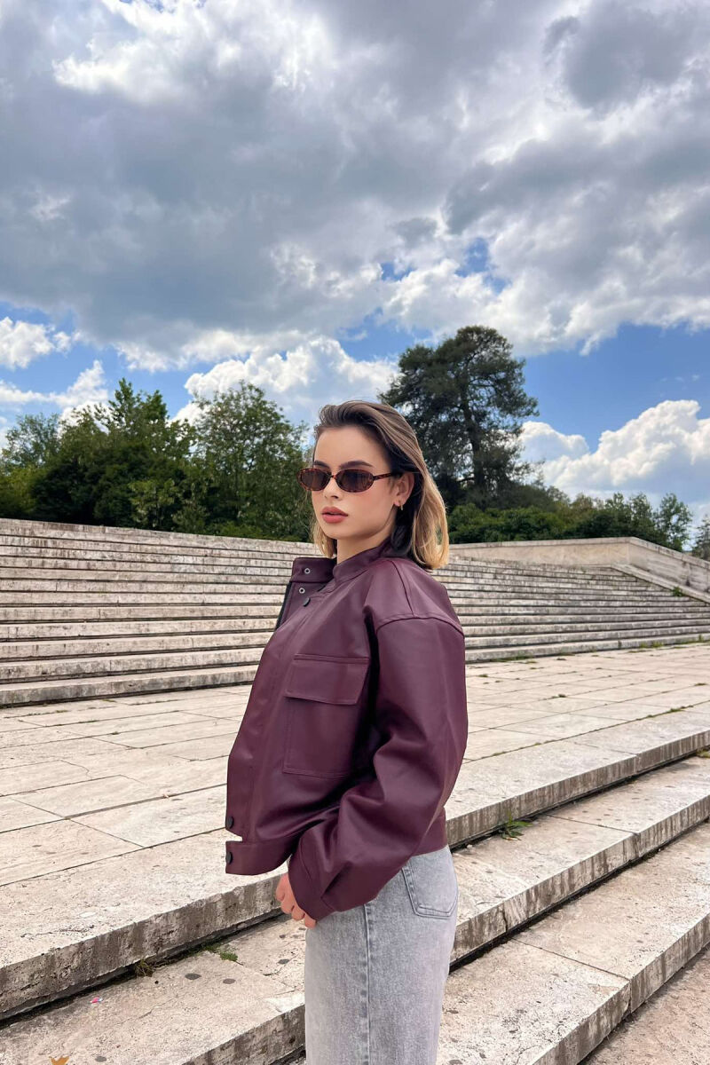 HIGH NECK CROPPED LEATHER WOMEN JACKET BURGUNDY/VISHNJE - 3