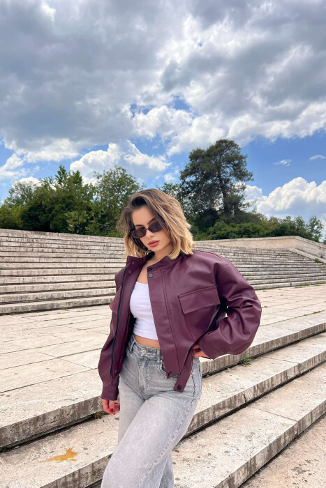 HIGH NECK CROPPED LEATHER WOMEN JACKET BURGUNDY/VISHNJE - 4