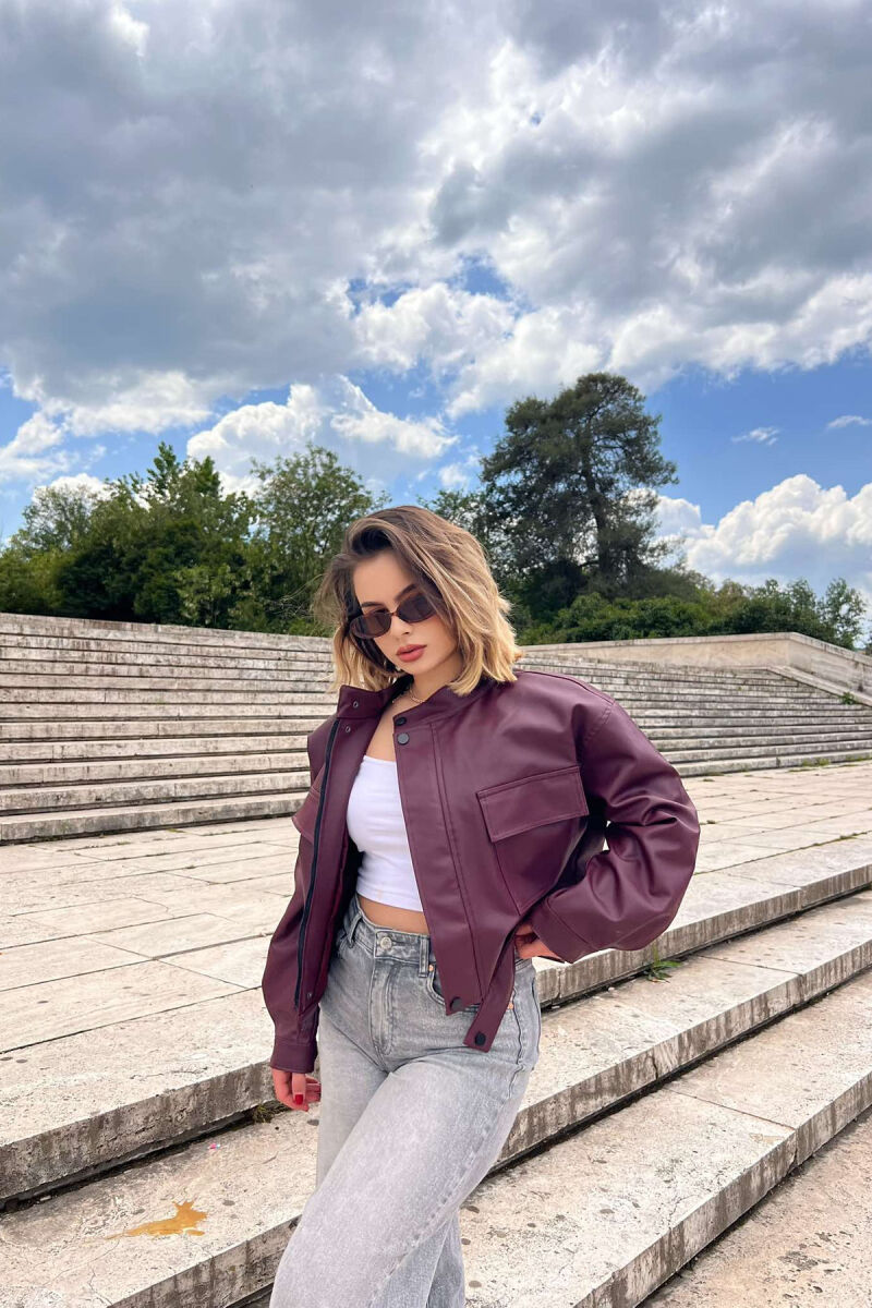 HIGH NECK CROPPED LEATHER WOMEN JACKET BURGUNDY/VISHNJE - 4