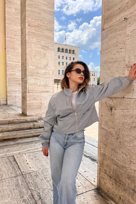 HIGH NECK CROPPED WOMEN JACKET LIGHT GREY/GZ 