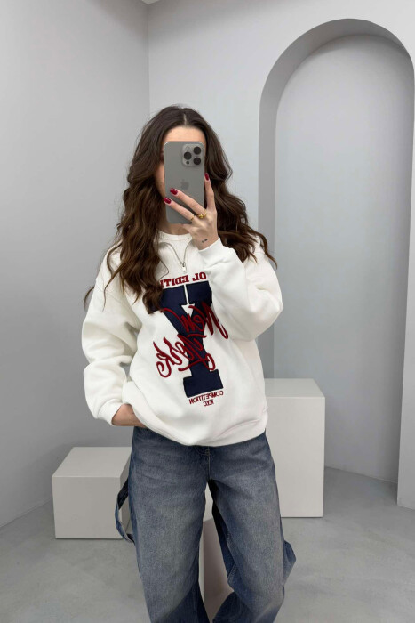 HIGH NECK FLUFFY WOMEN SWEATSHIRT IN WHITE-BLUE COLOR 