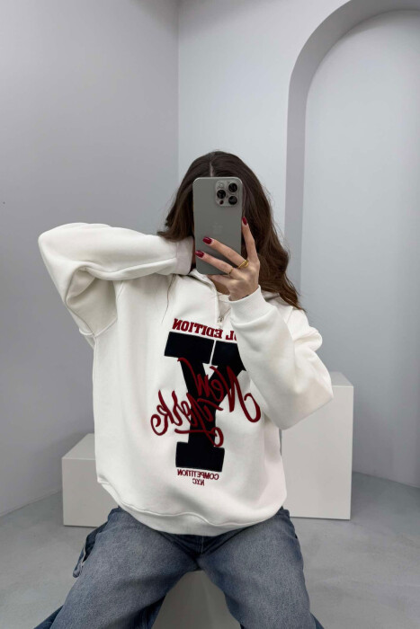 HIGH NECK FLUFFY WOMEN SWEATSHIRT WHITE-BLACK/BAZE 