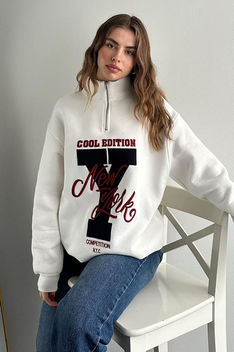 HIGH NECK FLUFFY WOMEN SWEATSHIRT WHITE-BLACK/BAZE - 1