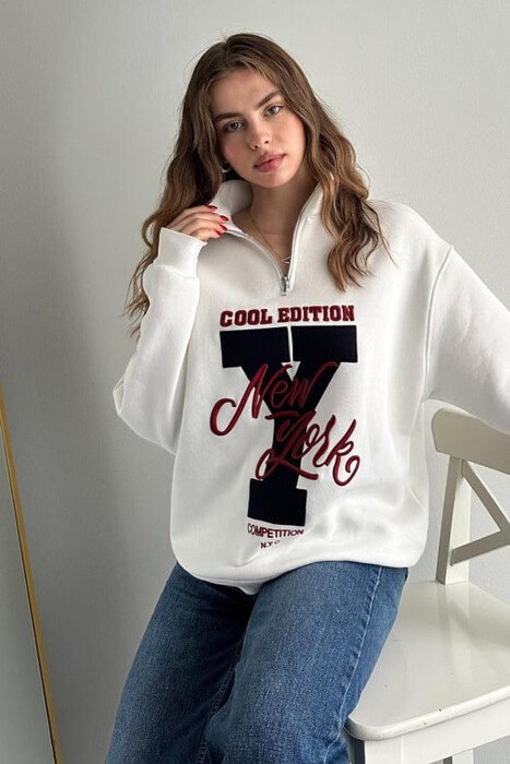 HIGH NECK FLUFFY WOMEN SWEATSHIRT WHITE-BLACK/BAZE - 2