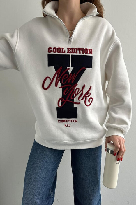 HIGH NECK FLUFFY WOMEN SWEATSHIRT WHITE-BLACK/BAZE - 3