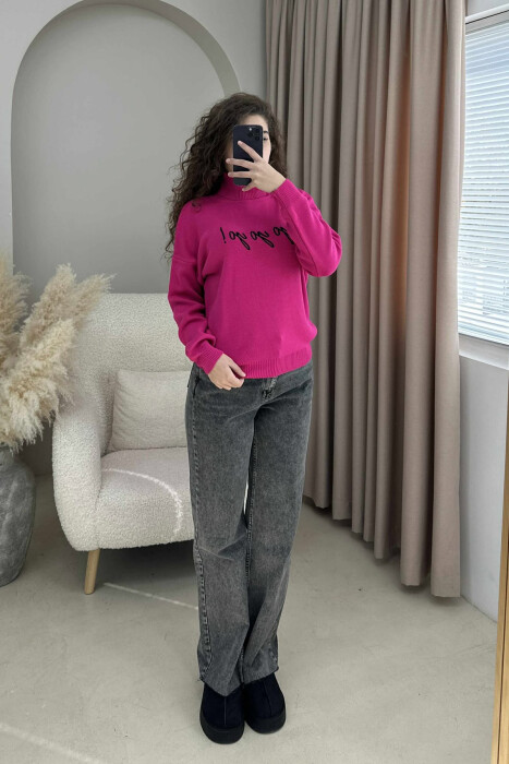 HIGH NECK FRONT WRITTINGS WOMEN SWEATER FUCHSIA/CIKLAMI - 2