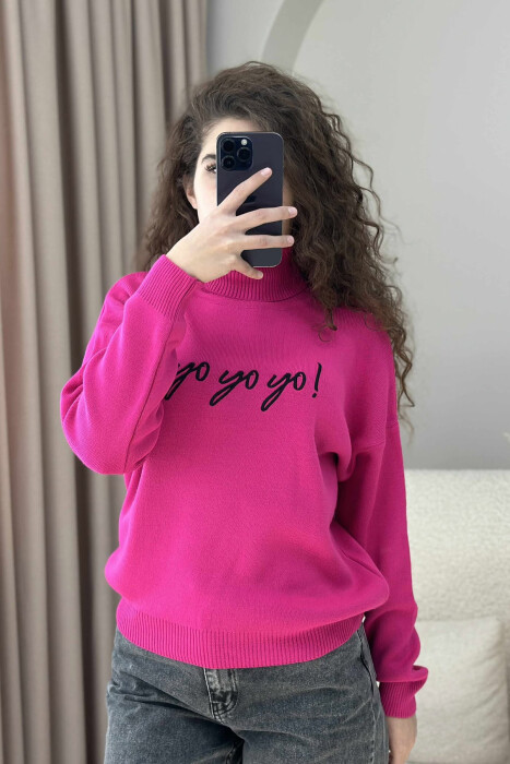 HIGH NECK FRONT WRITTINGS WOMEN SWEATER FUCHSIA/CIKLAMI - 3