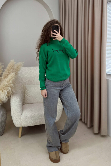 HIGH NECK FRONT WRITTINGS WOMEN SWEATER GREEN/JESHILE 