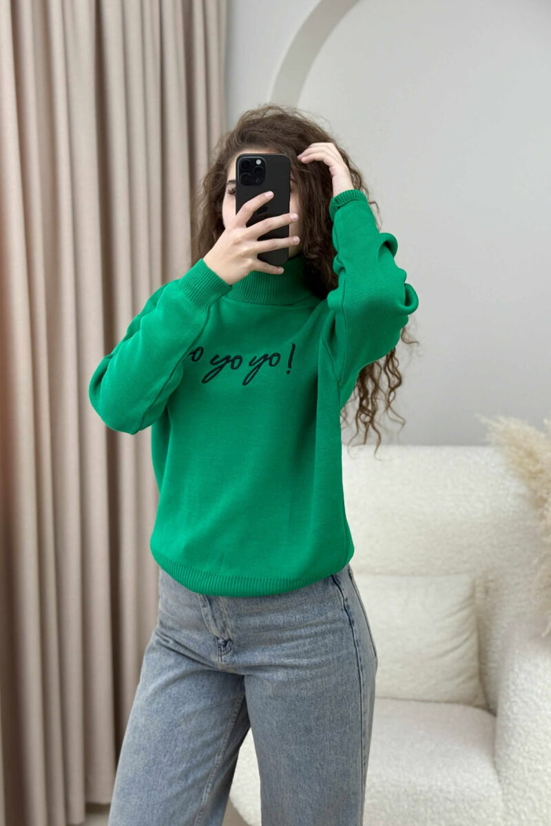 HIGH NECK FRONT WRITTINGS WOMEN SWEATER GREEN/JESHILE - 2