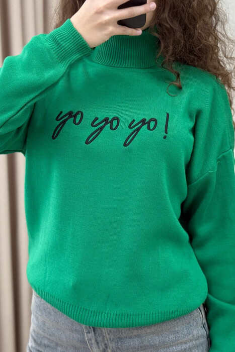 HIGH NECK FRONT WRITTINGS WOMEN SWEATER GREEN/JESHILE - 4