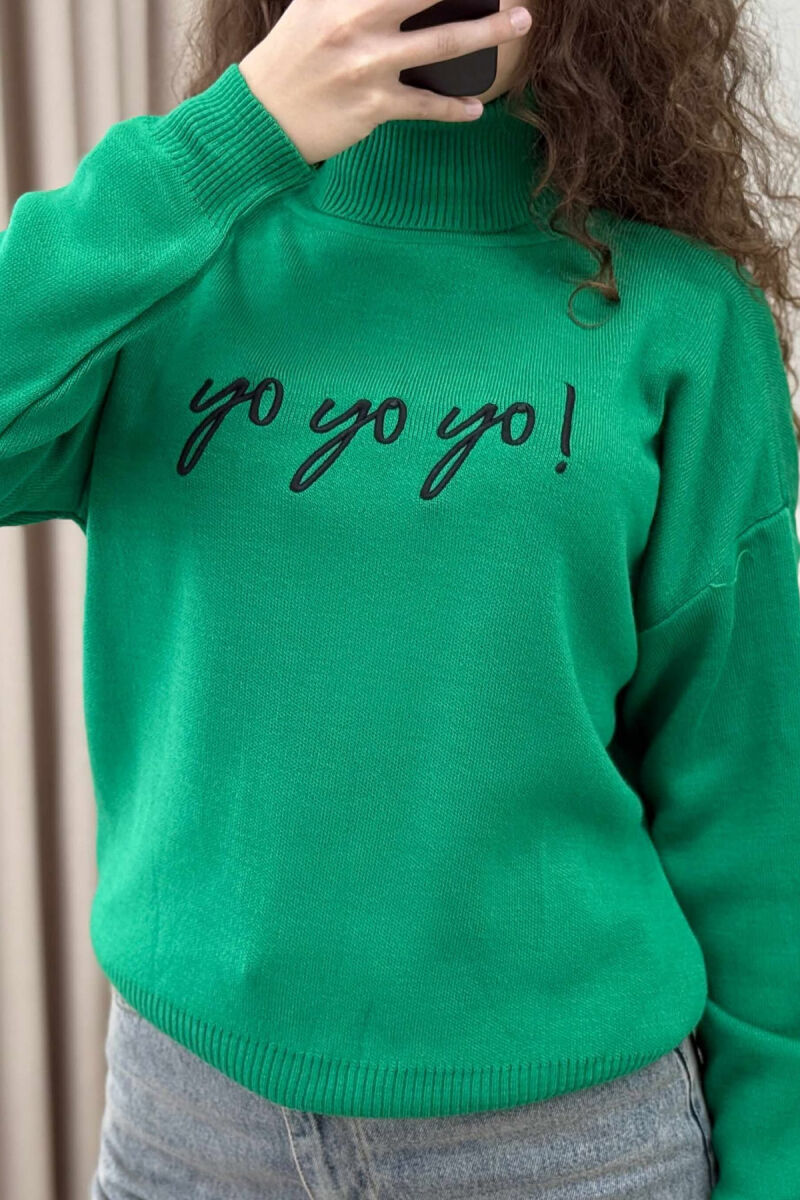 HIGH NECK FRONT WRITTINGS WOMEN SWEATER GREEN/JESHILE - 4