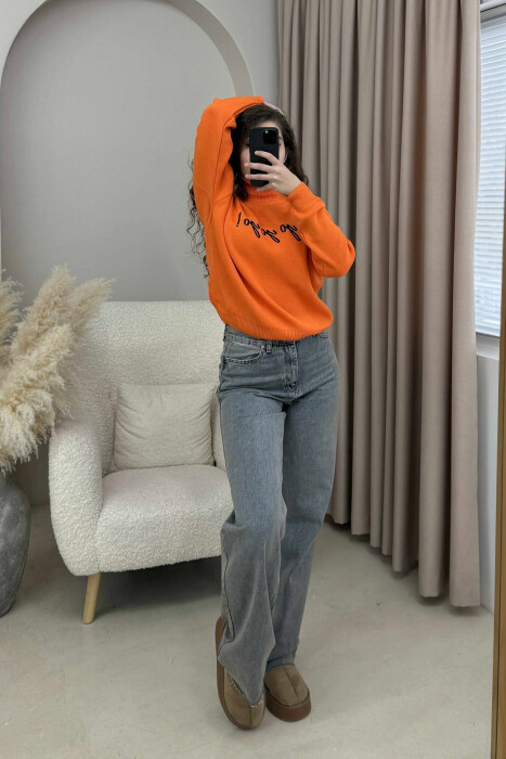 HIGH NECK FRONT WRITTINGS WOMEN SWEATER ORANGE/PORTOKALLI 
