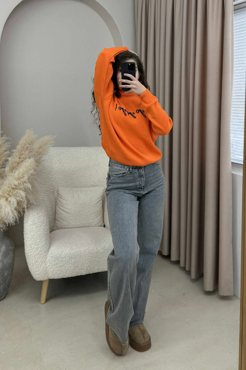 HIGH NECK FRONT WRITTINGS WOMEN SWEATER ORANGE/PORTOKALLI - 1