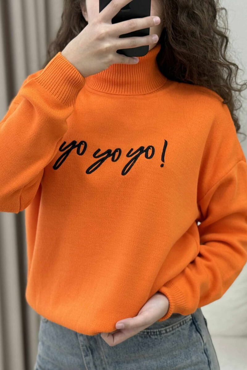 HIGH NECK FRONT WRITTINGS WOMEN SWEATER ORANGE/PORTOKALLI - 4