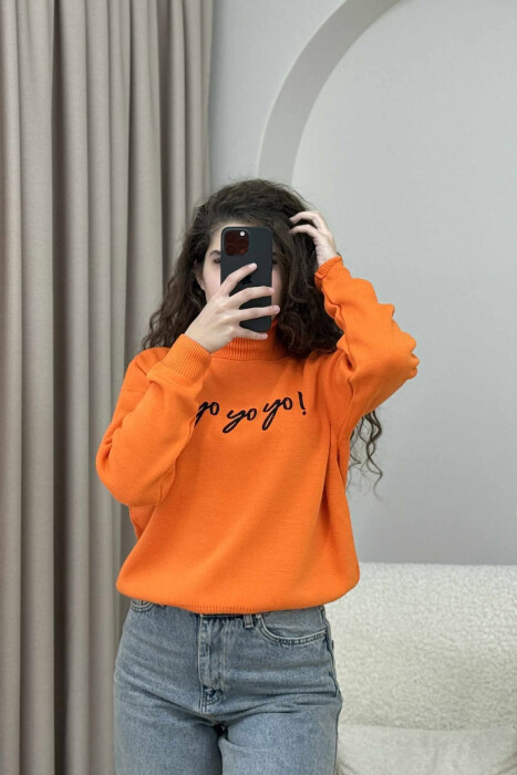 HIGH NECK FRONT WRITTINGS WOMEN SWEATER ORANGE/PORTOKALLI - 2