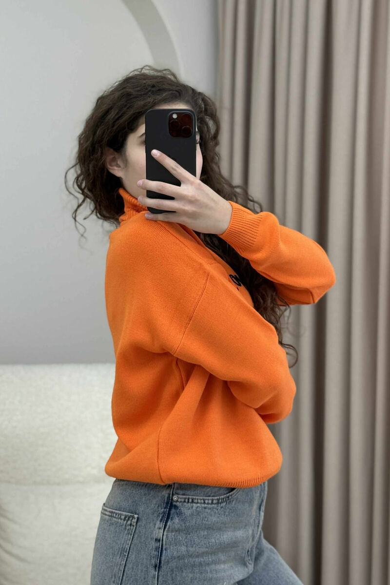 HIGH NECK FRONT WRITTINGS WOMEN SWEATER ORANGE/PORTOKALLI - 3