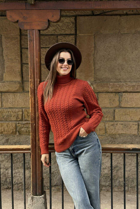 HIGH NECK KNITTED ONE COLOR WOMEN SWEATER BRICK/TULLE 