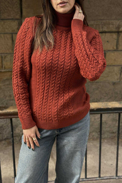 HIGH NECK KNITTED ONE COLOR WOMEN SWEATER BRICK/TULLE - 3