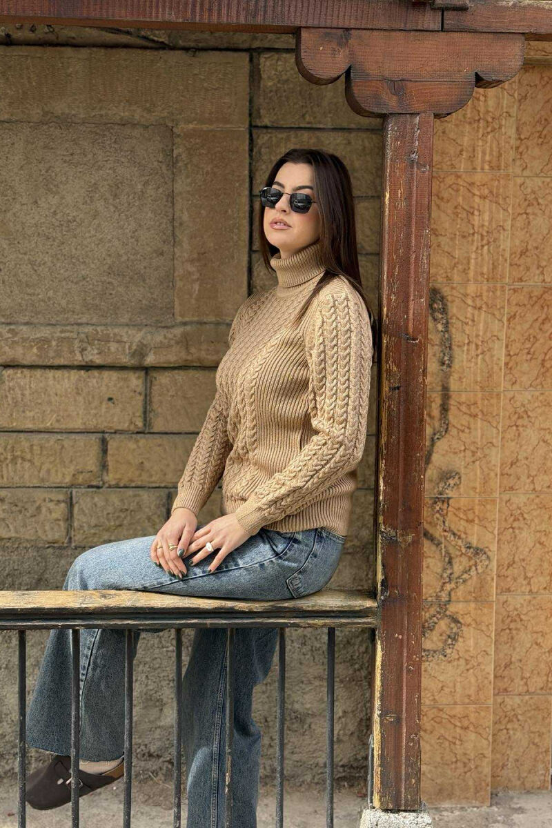 HIGH NECK KNITTED ONE COLOR WOMEN SWEATER LIGHT BROWN/KAZB - 3