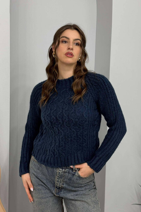 HIGH NECK KNITTED WOMEN SWEATER DARK BLUE/BEE 