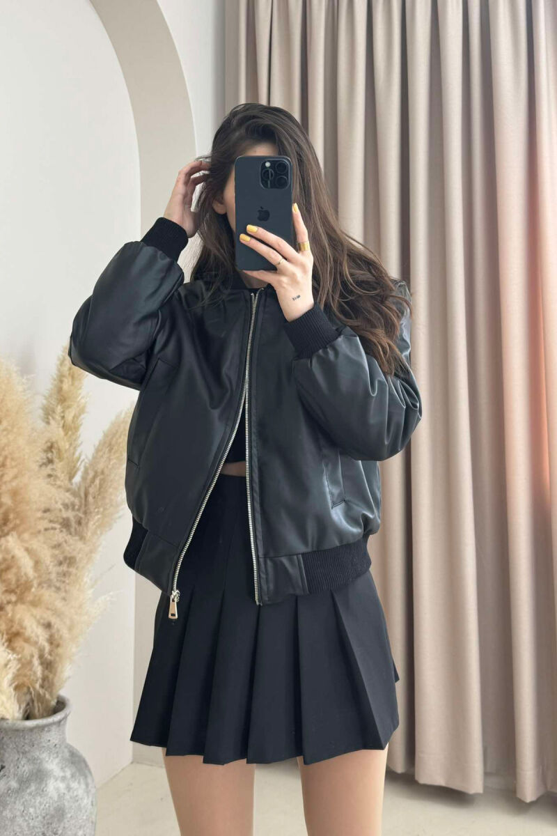 HIGH NECK LEATHER WOMEN JACKET BLACK/ E ZEZE - 1