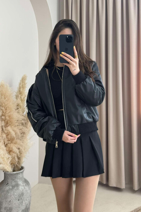 HIGH NECK LEATHER WOMEN JACKET BLACK/ E ZEZE - 2
